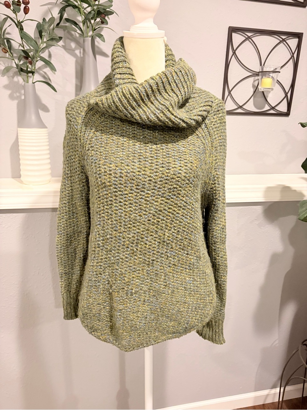 Prana Olive Green Marled Cowl Neck Sweater
